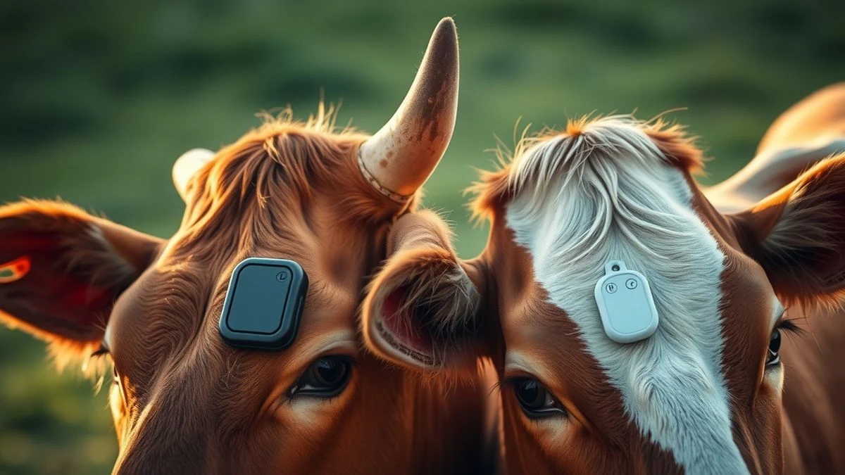 Primer plano de orejas de vaca con crotales y dispositivo electrónico de identificación