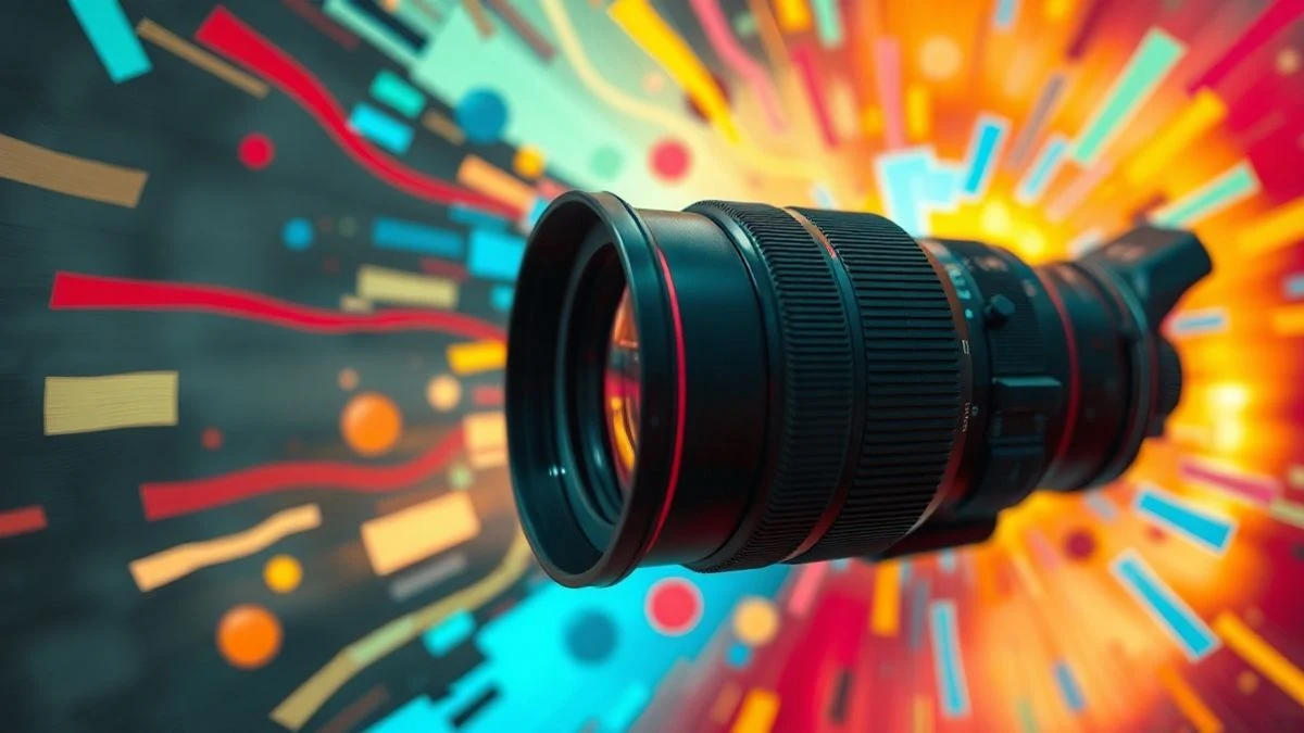 Imagen ilustrativa: una cámara de cine de la que emerge una explosión de colores abstractos, con trazos de pintura y luz, en un fondo neutro.