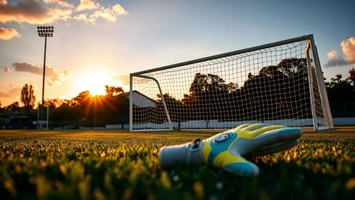 Portería de fútbol con un guante en el césped al atardecer