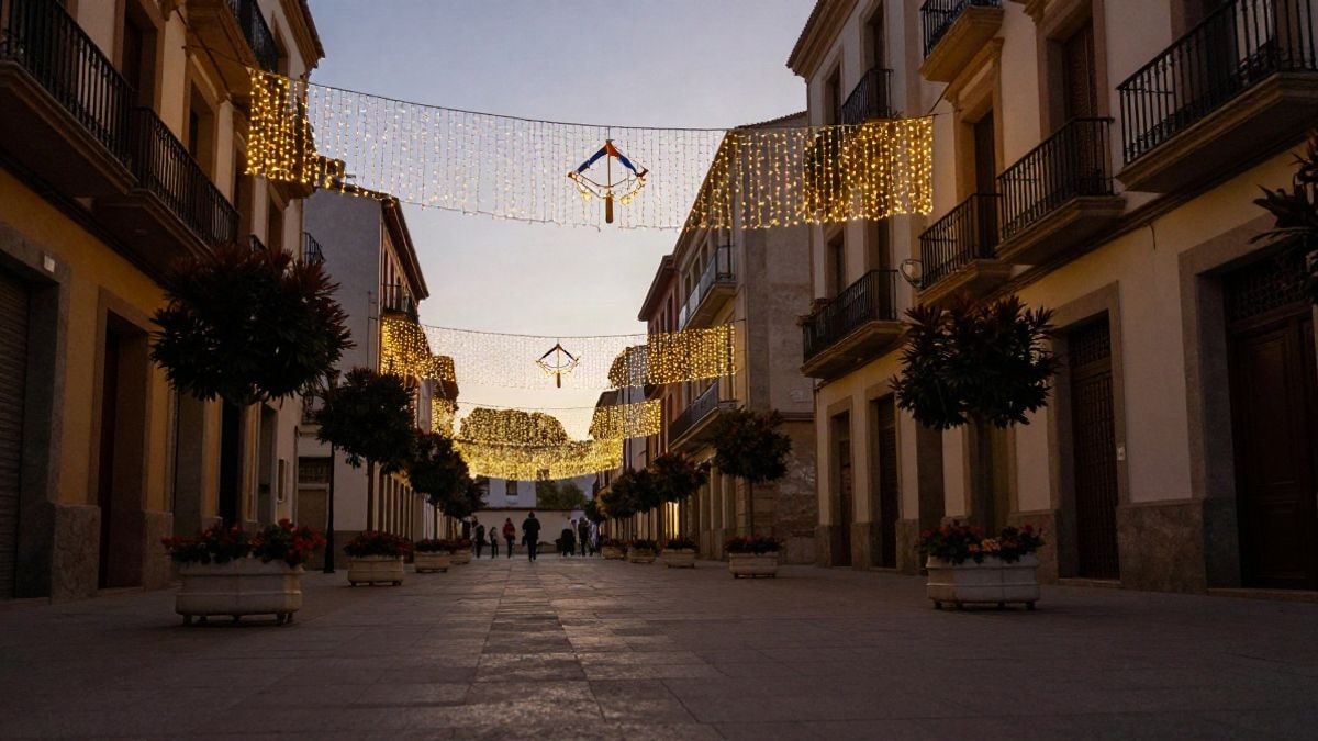 Imagen ilustrativa: calle engalanada con luces festivas al atardecer y macetas de flores