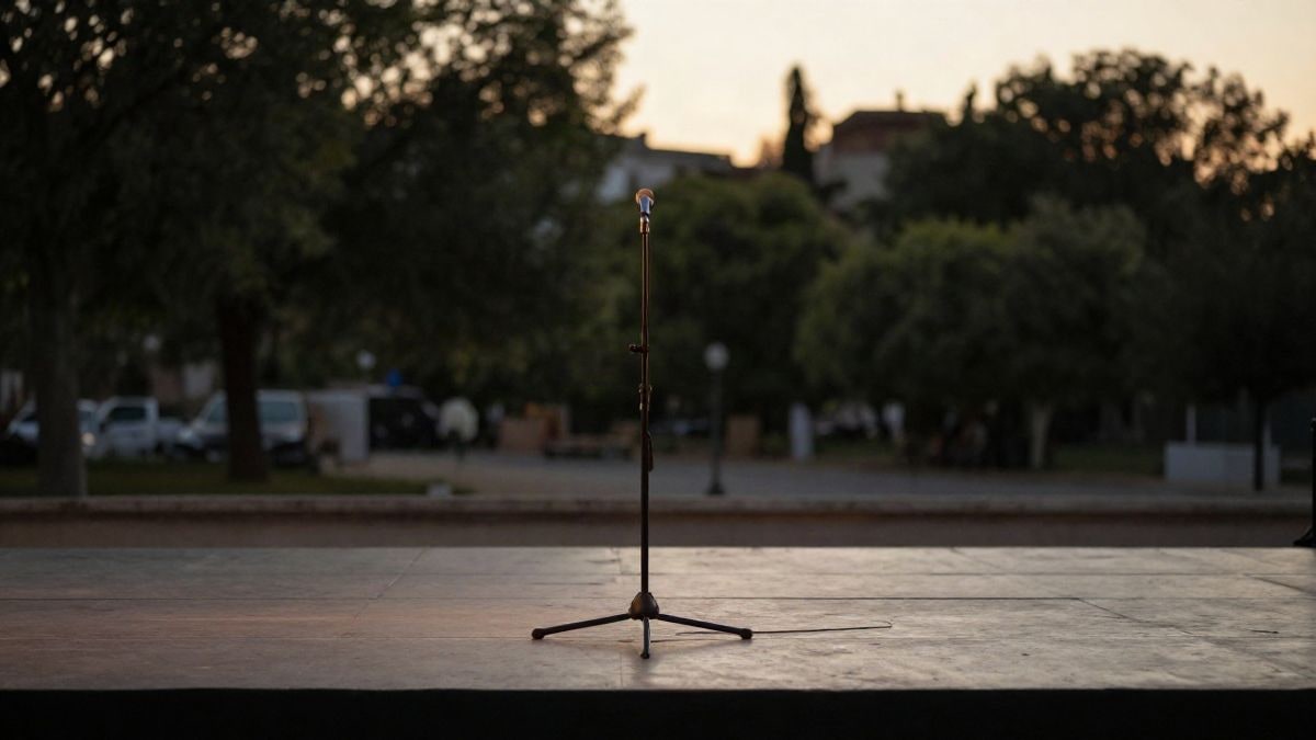 Imagen ilustrativa: escenario vacío con un micrófono al atardecer