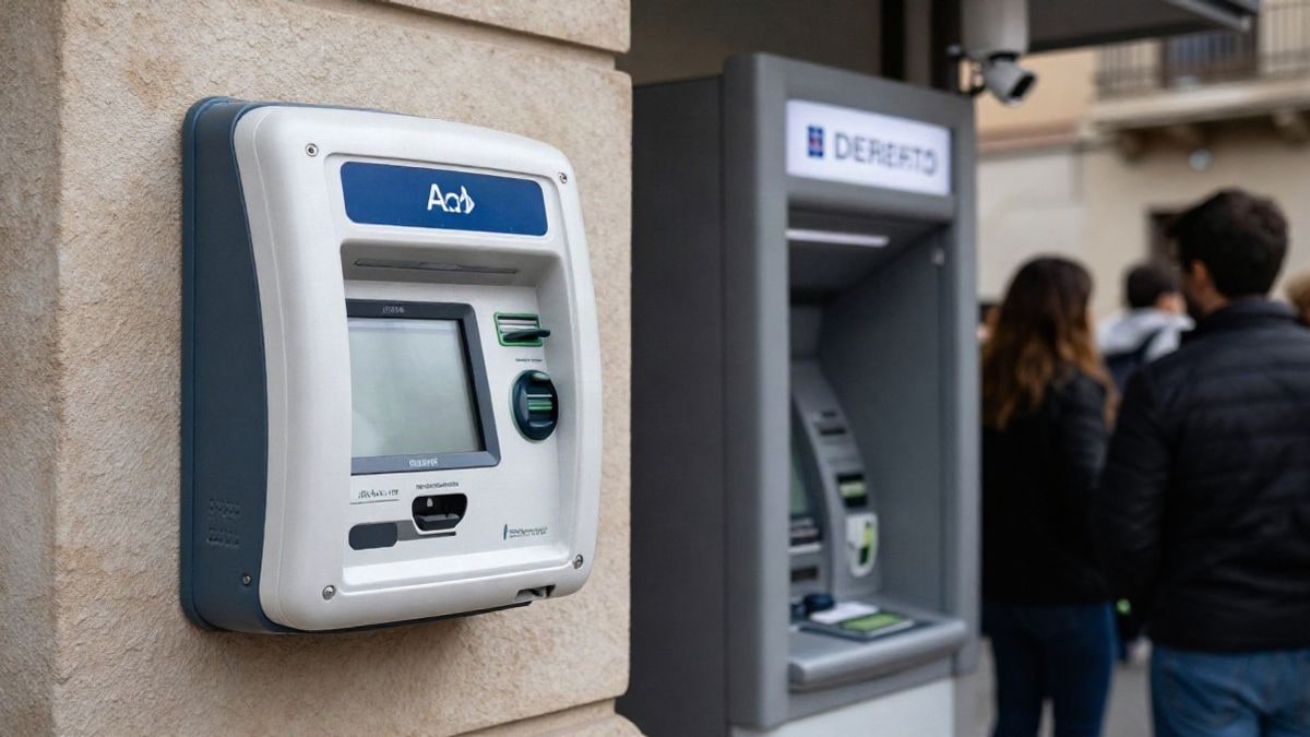 Imagen ilustrativa: un desfibrilador automático montado en la fachada de un edificio, junto a un cajero automático genérico con cámara de seguridad.