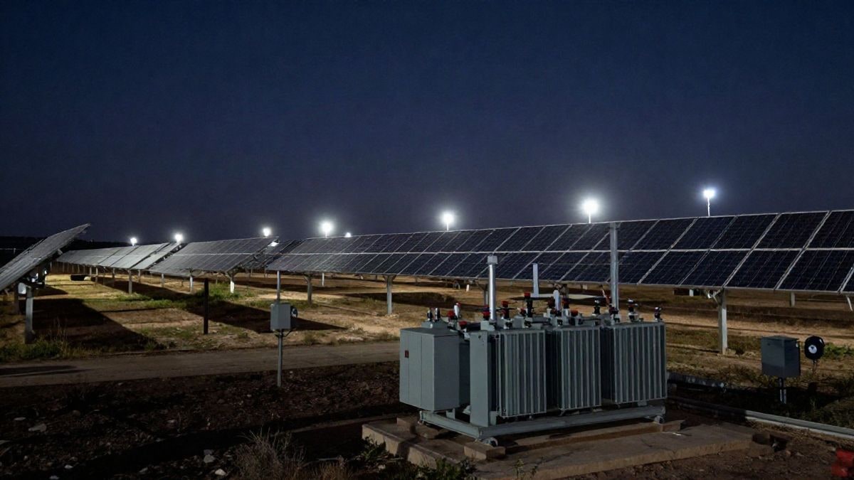 Imagen ilustrativa: paneles solares iluminados por focos en una planta fotovoltaica nocturna