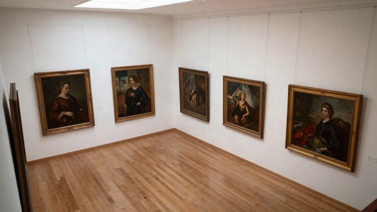 Imagen ilustrativa: vista cenital de una sala de exposiciones con cuadros apoyados en las paredes