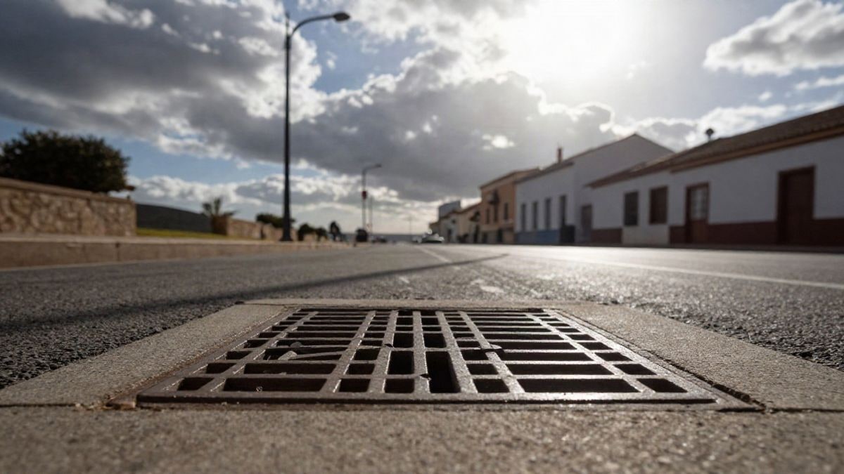 Imagen ilustrativa: una rejilla de imbornal en una calle, vista desde un ángulo bajo con el cielo de fondo