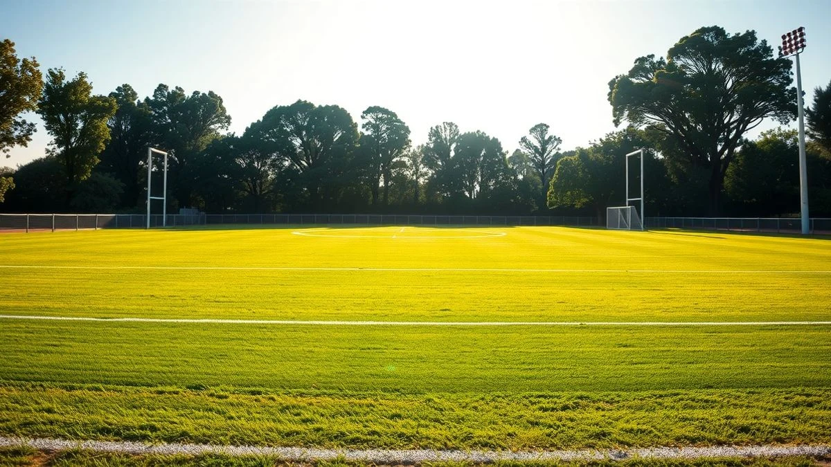 Imagen ilustrativa: vista de un campo de fútbol vacío con líneas convergentes hacia una portería al atardecer