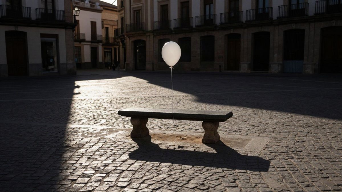 Imagen ilustrativa: plaza urbana vacía al atardecer, con un globo blanco atado a un banco de piedra situado a un lado de la composición
