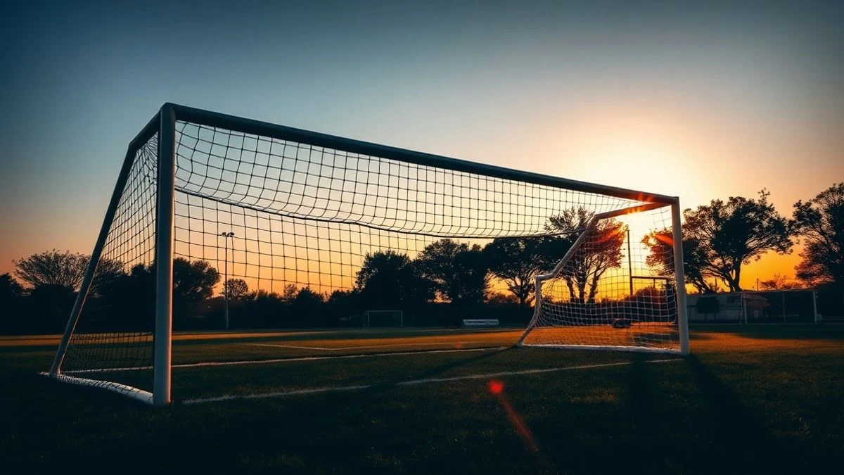 Portería de fútbol al atardecer con sombras largas sobre el césped