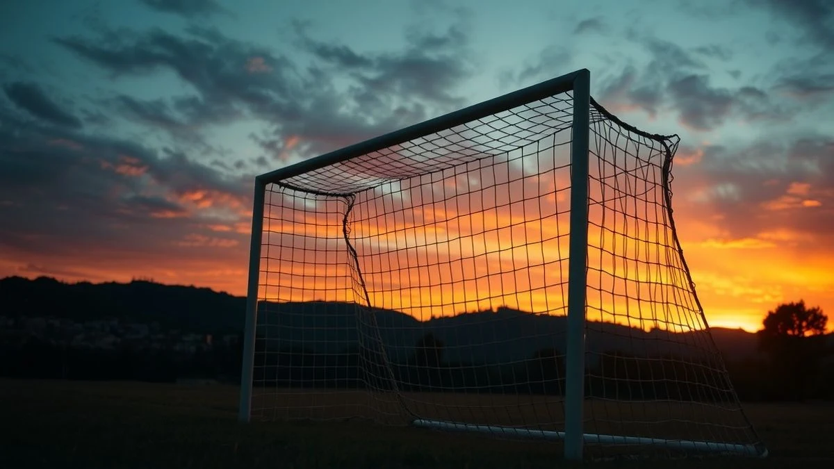 Portería de fútbol al atardecer con un pueblo al fondo