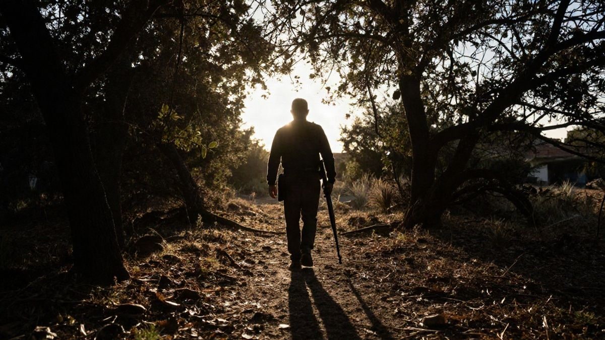 Imagen ilustrativa: silueta de un cazador con rifle en un bosque mediterráneo al atardecer