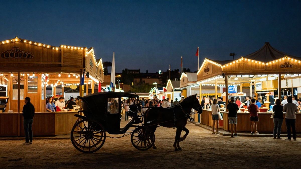 Imagen ilustrativa: feria nocturna con casetas iluminadas y un carruaje tirado por caballos en primer plano