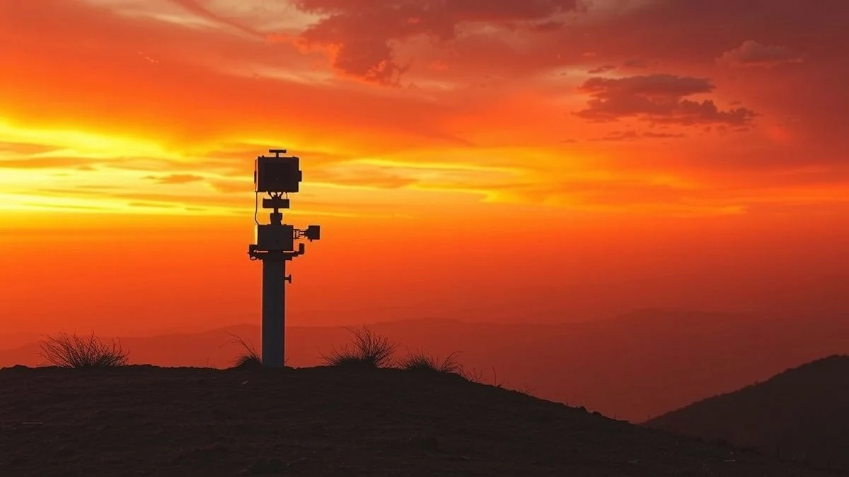 Estación de monitoreo atmosférico en una colina al atardecer con cielo rojizo por calima