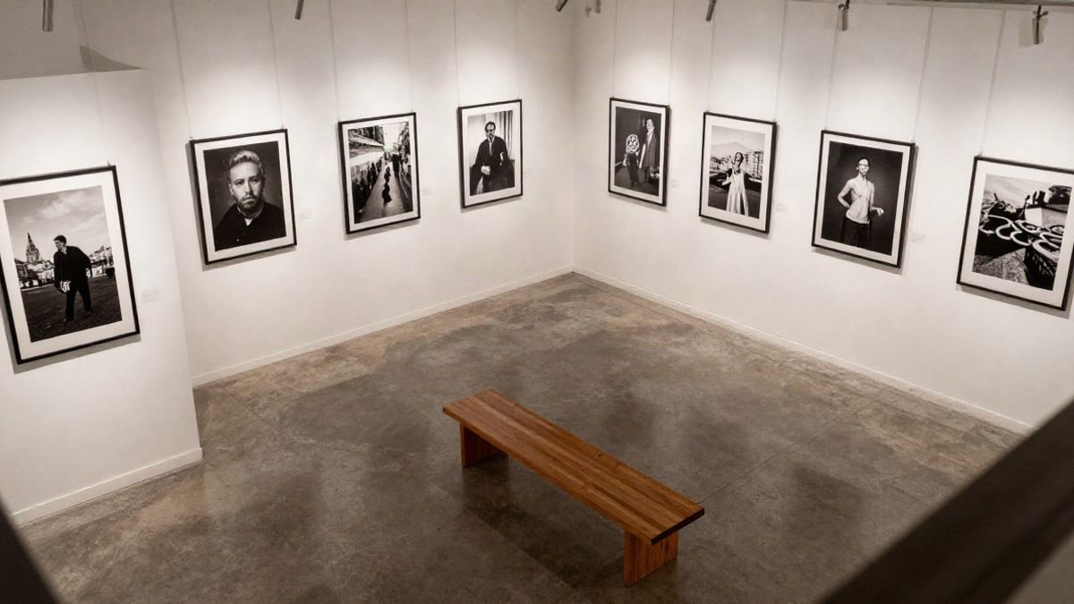 Imagen ilustrativa: vista cenital de una sala de exposiciones con fotografías en blanco y negro colgadas en las paredes