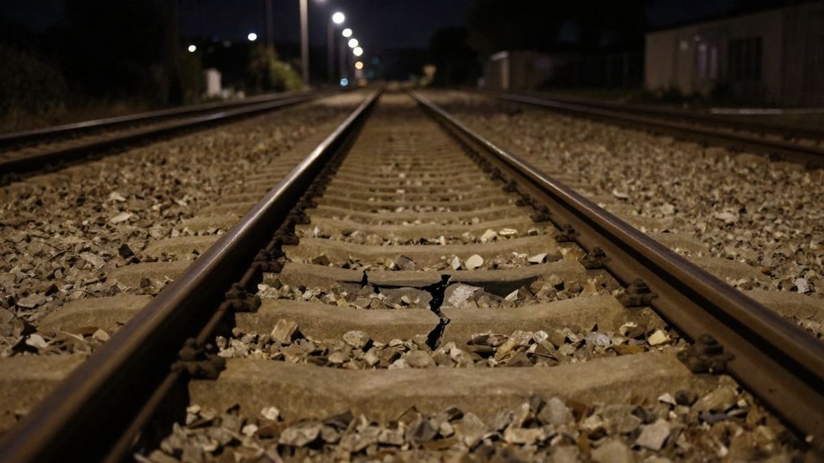 Imagen ilustrativa: vía de tren de noche con una grieta en el carril bajo luz artificial