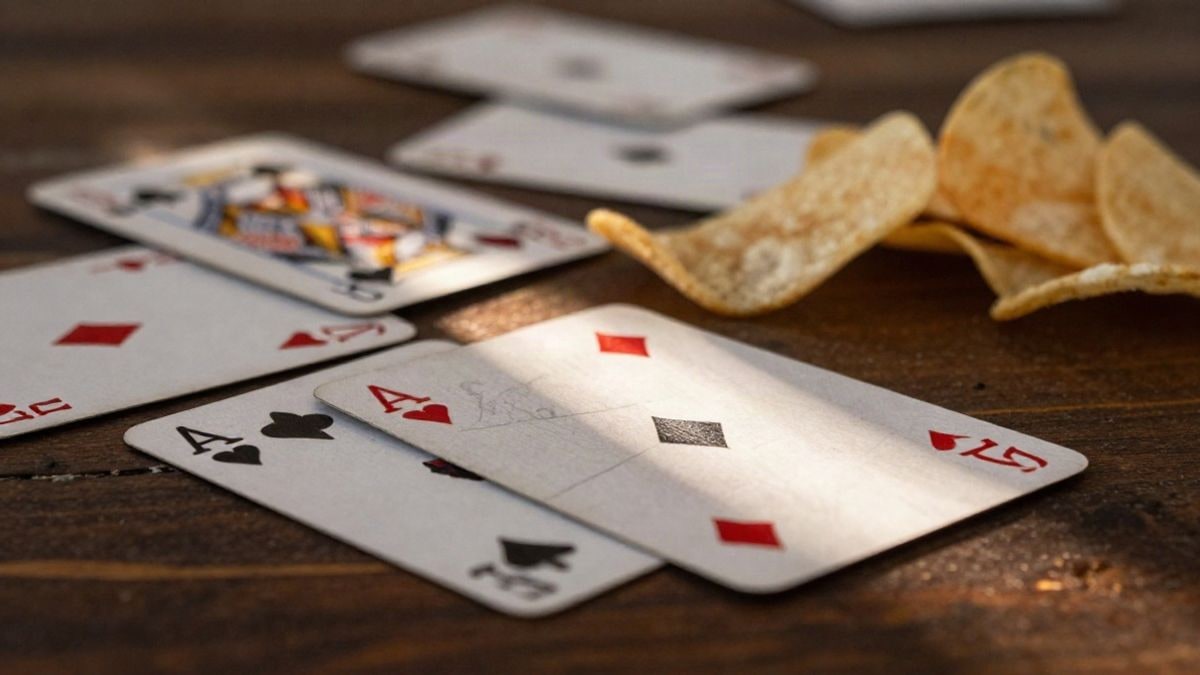 Imagen ilustrativa: cartas de póker sobre una mesa de madera con marcas de lápiz y trozos de queso junto a fichas