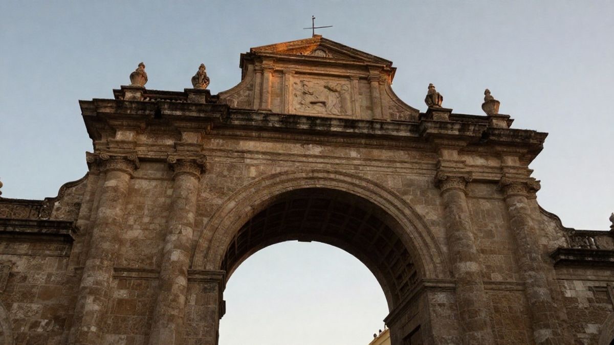 Imagen ilustrativa: arco de piedra histórica visto desde el suelo con cielo despejado