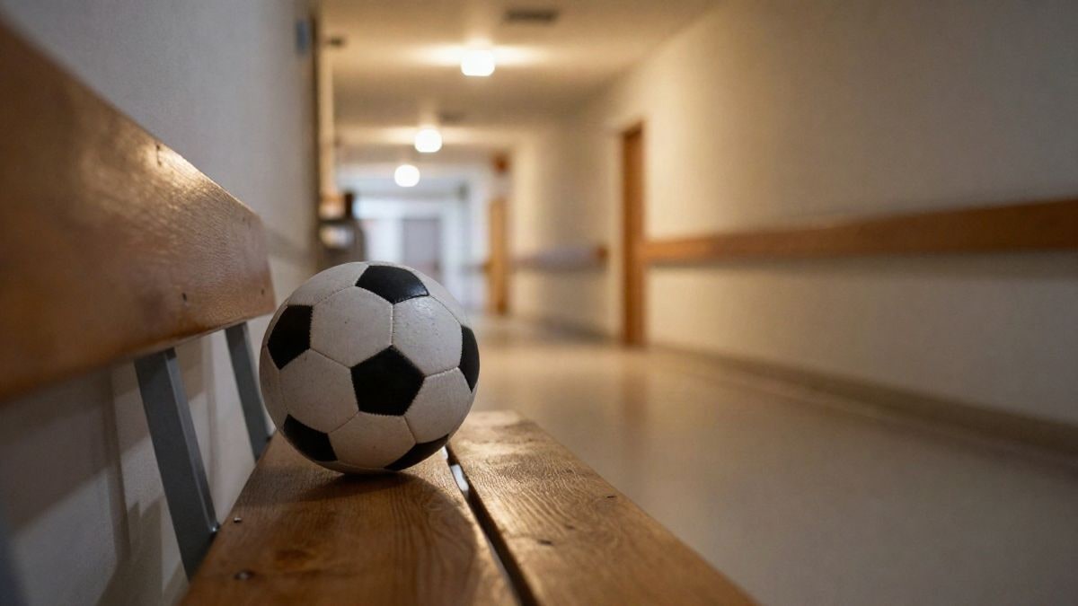 Imagen ilustrativa: un balón sobre un banco en un pasillo de hospital iluminado al atardecer