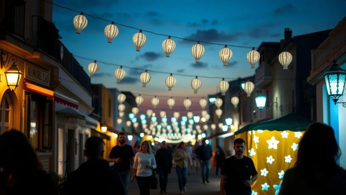 Alumbrado festivo al atardecer en una calle de un pueblo costero con farolillos y guirnaldas de luces