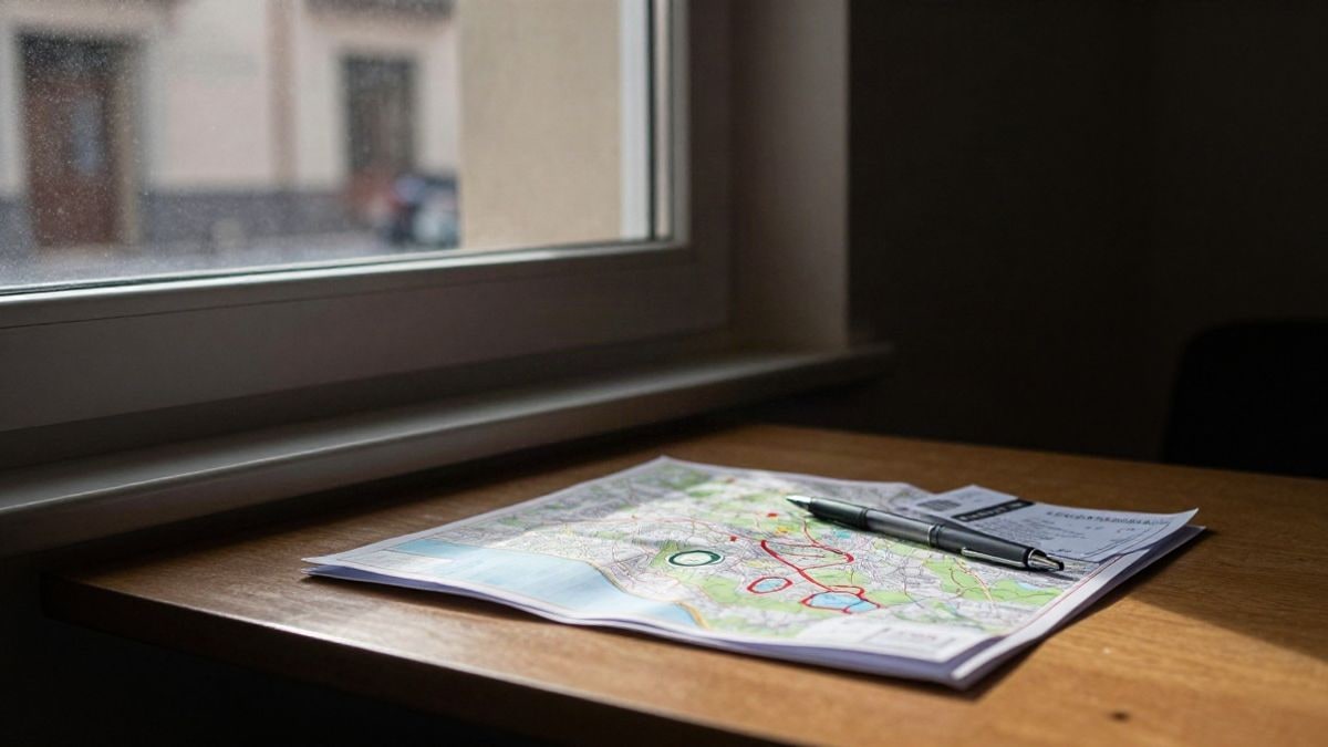 Imagen ilustrativa: mesa de madera en interior con luz lateral de ventana, un billete de autobús y un mapa doblado