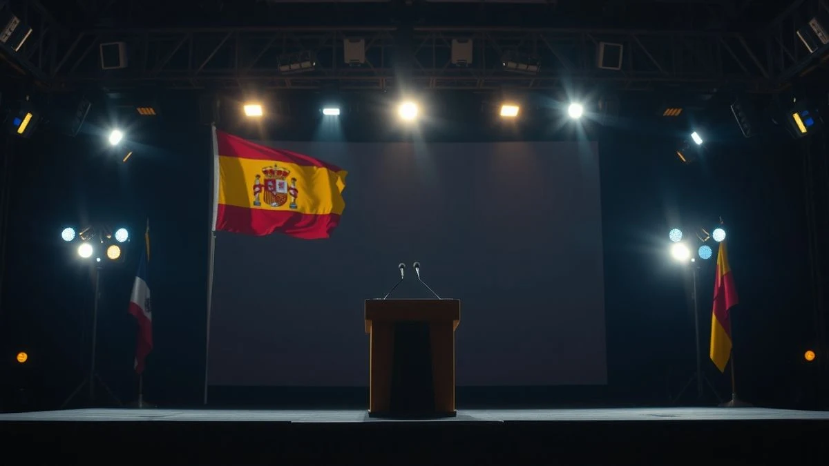 Escenario vacío con atril y micrófonos iluminado por focos de noche