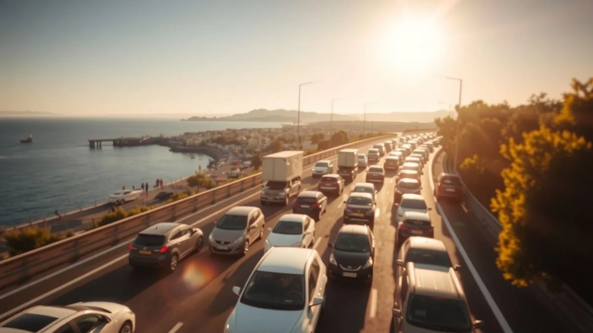 Vista aérea de una carretera con atascos en verano, con coches detenidos en una larga fila