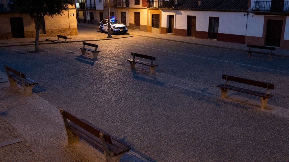 Imagen ilustrativa: vista cenital de una plaza de pueblo vacía al atardecer con un vehículo policial al fondo