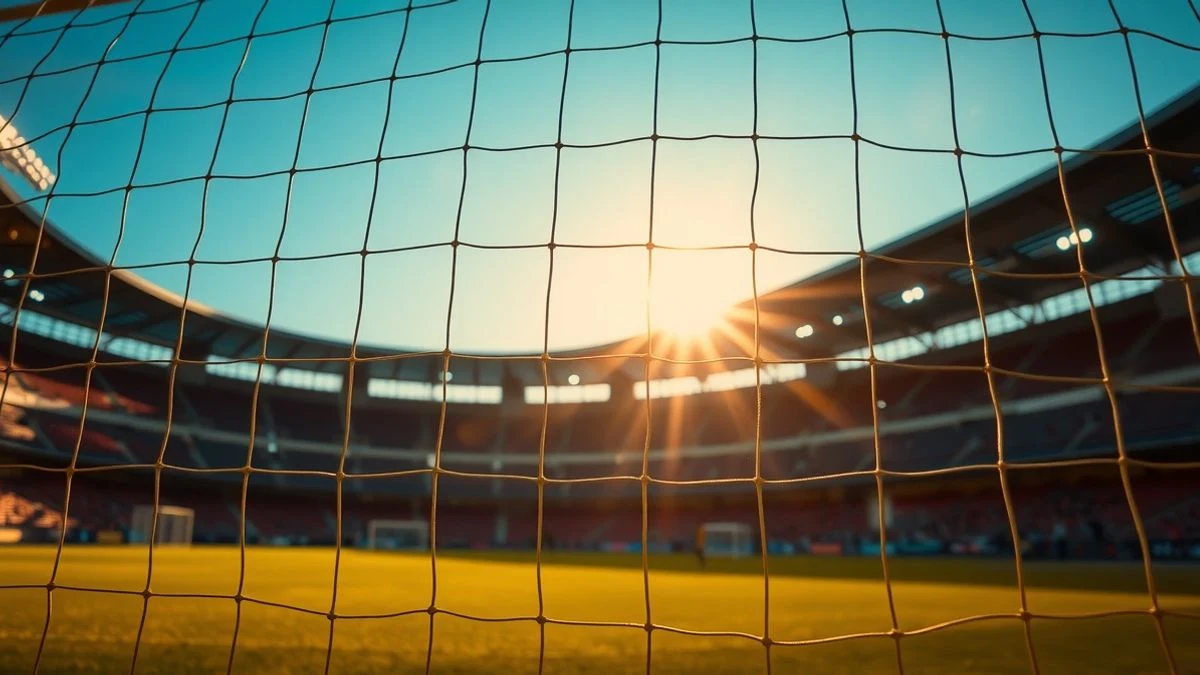 Imagen ilustrativa: Una portería de fútbol vacía al atardecer, con la red iluminada por el sol.
