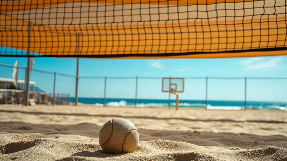 Imagen ilustrativa: una pista de vóley playa en la arena junto al mar, con la red y el balón en primer plano