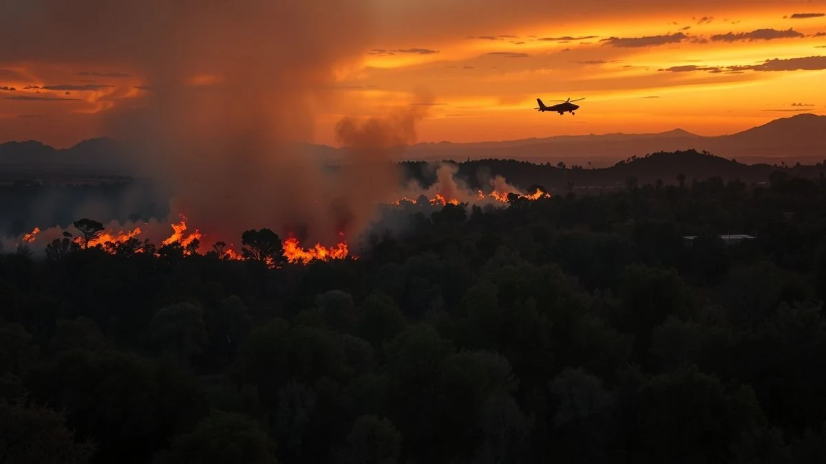 Imagen ilustrativa: vista aérea de un incendio forestal en una dehesa con llamas y humo, con un avión apagando el fuego al fondo.