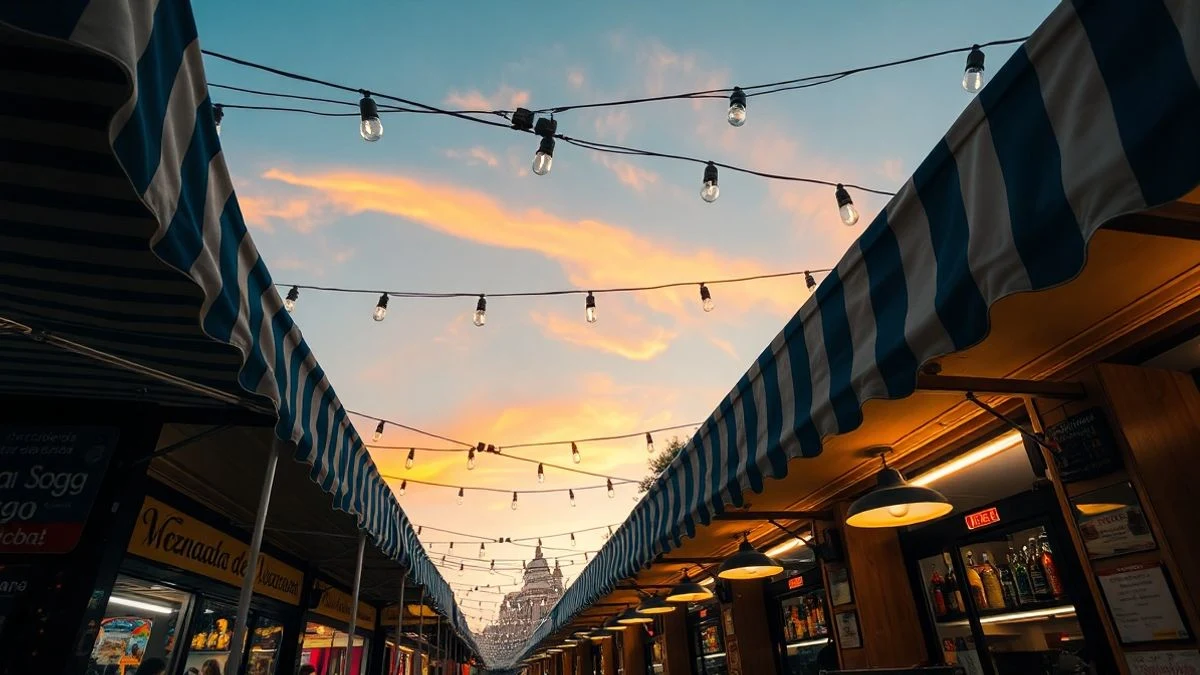Imagen ilustrativa: casetas de feria con toldos azules y blancos iluminadas al atardecer, con luces y ambiente festivo, sin personas reconocibles.