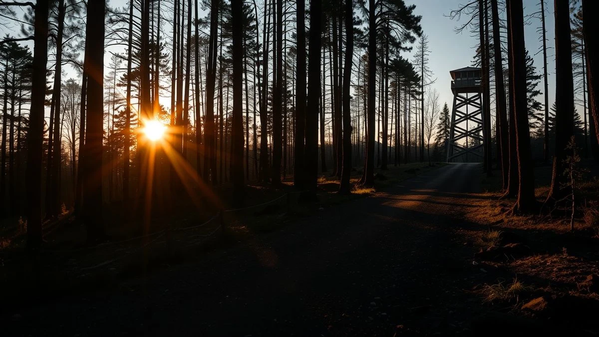 Imagen ilustrativa: un sendero forestal al atardecer con troncos quemados y una torre de vigilancia silueteada contra el sol