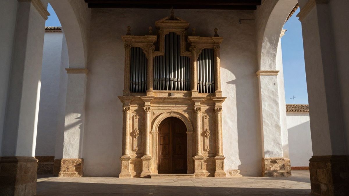 Imagen ilustrativa: fachada de un órgano de tubos de iglesia antigua con contraluz al atardecer y sombras largas