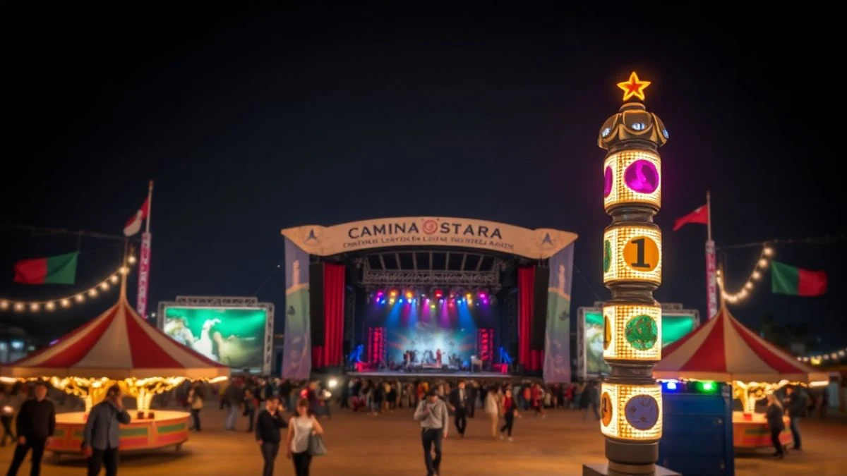 Imagen ilustrativa: recinto ferial iluminado de noche con un escenario vacío al fondo.