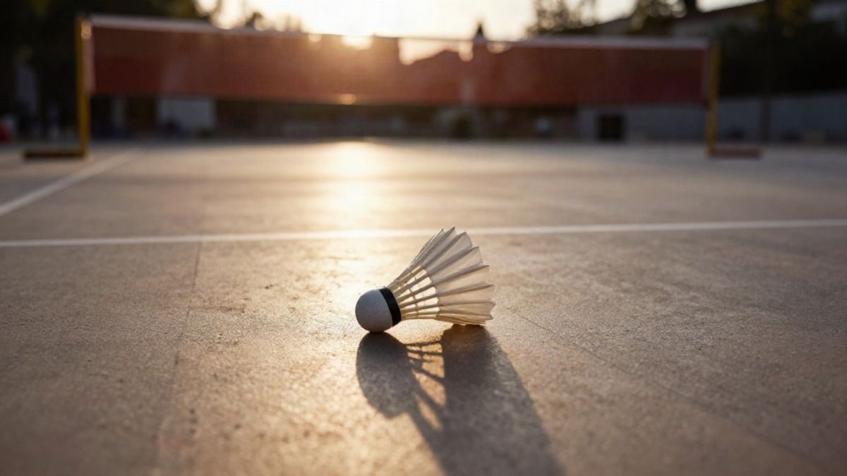 Imagen ilustrativa: un volante de bádminton sobre una pista de madera al atardecer, con sombras largas y una red desenfocada al fondo