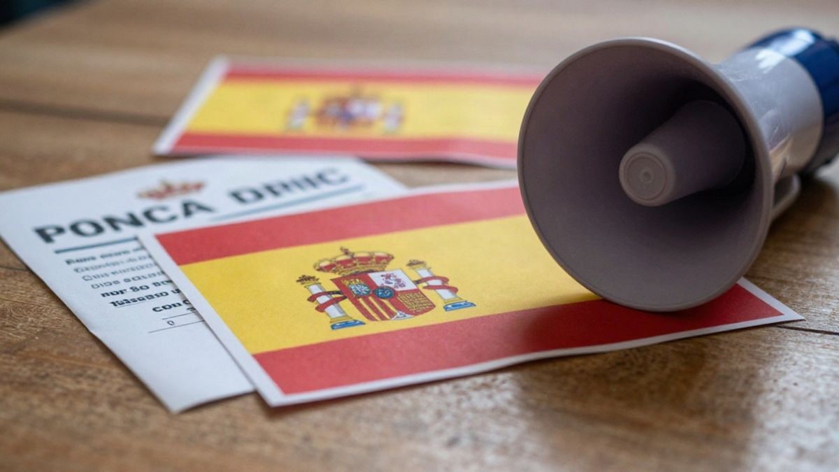 Imagen ilustrativa: primer plano de una superficie de madera con panfletos y un megáfono