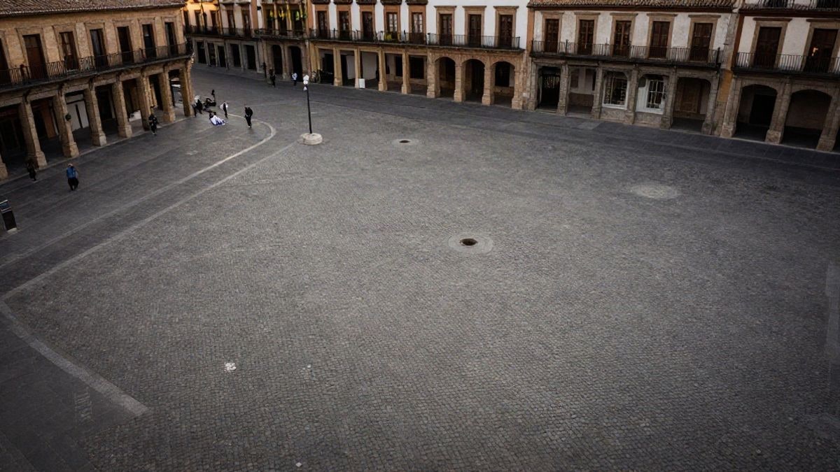 Imagen ilustrativa: vista cenital de una plaza histórica con pavimento de adoquines y arquitectura señorial genérica