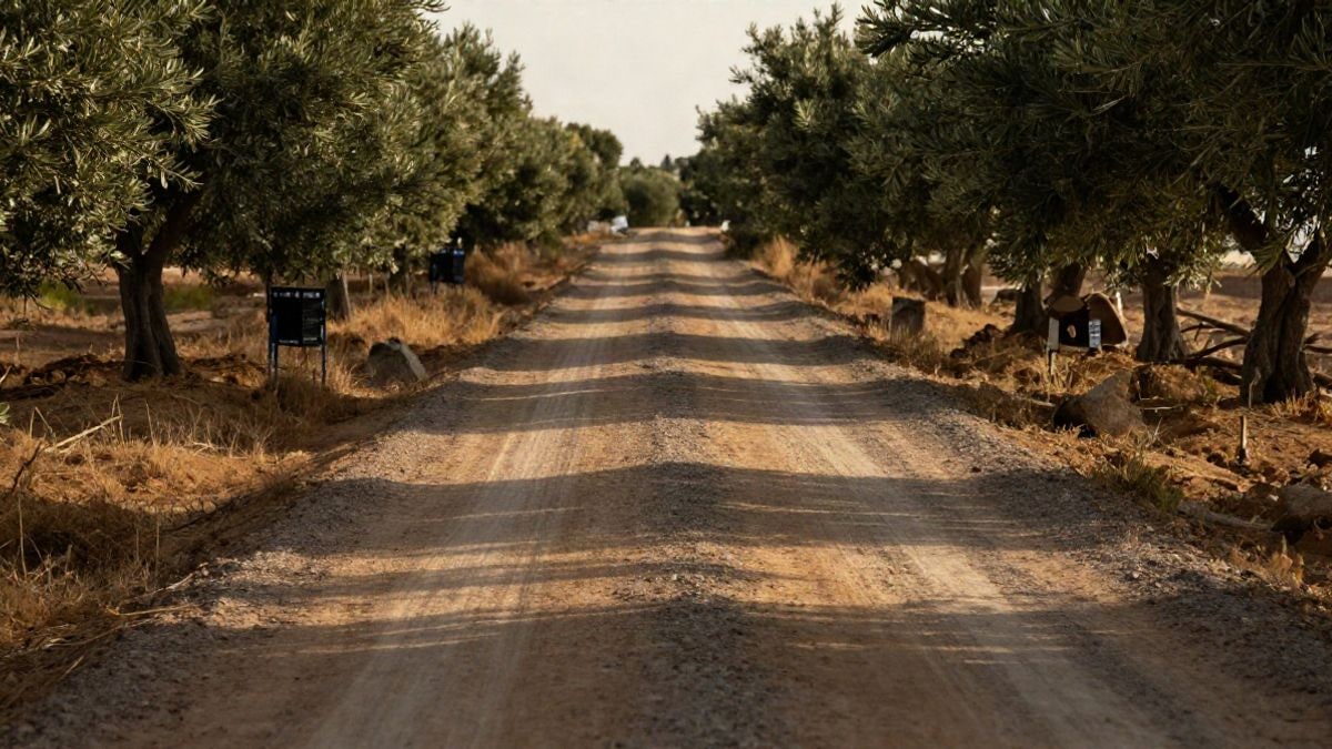 Imagen ilustrativa: camino rural andaluz al atardecer con un canal de riego vacío y sombras largas