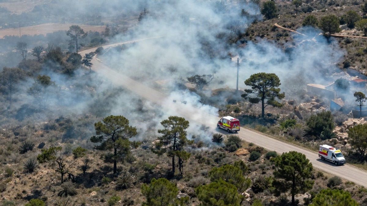 Imagen ilustrativa: vista cenital de una zona forestal con humo y una carretera rural