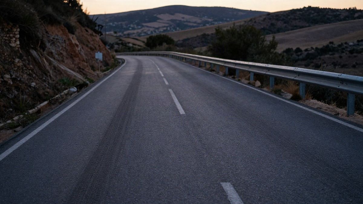 Imagen ilustrativa: gran angular de una carretera rural al atardecer con marcas de neumáticos junto a un desnivel