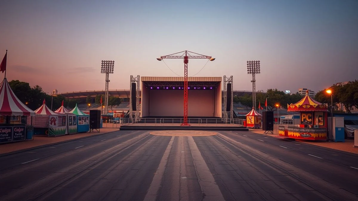 Imagen ilustrativa: un recinto ferial al atardecer con un escenario vacío frente a un estadio de fútbol, con casetas y atracciones de fondo.