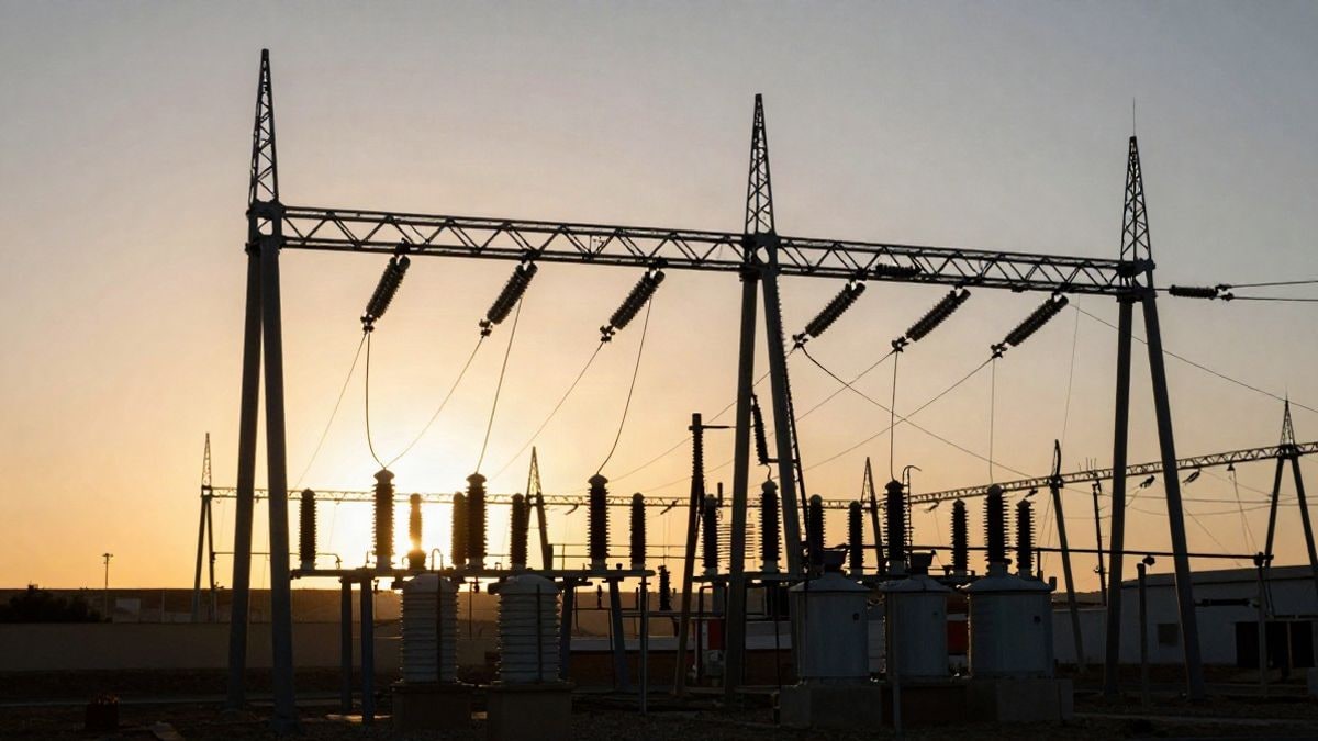 Imagen ilustrativa: silueta de una subestación eléctrica al atardecer con líneas de alta tensión y sombras largas