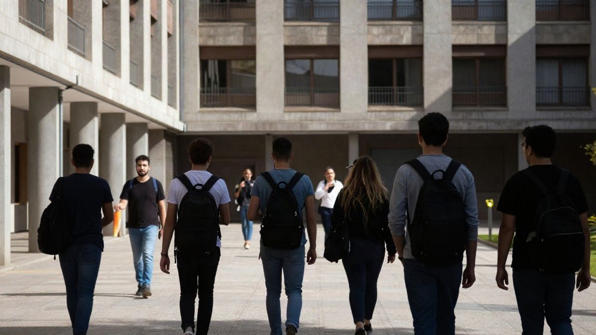 Imagen ilustrativa: grupo de estudiantes de espaldas caminando por un campus universitario con edificio académico al fondo.