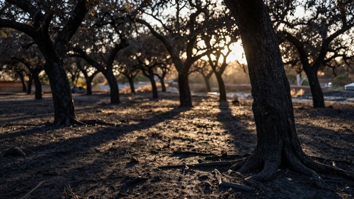 Imagen ilustrativa: bosque calcinado al atardecer, con troncos carbonizados a contraluz y sombras largas sobre el suelo
