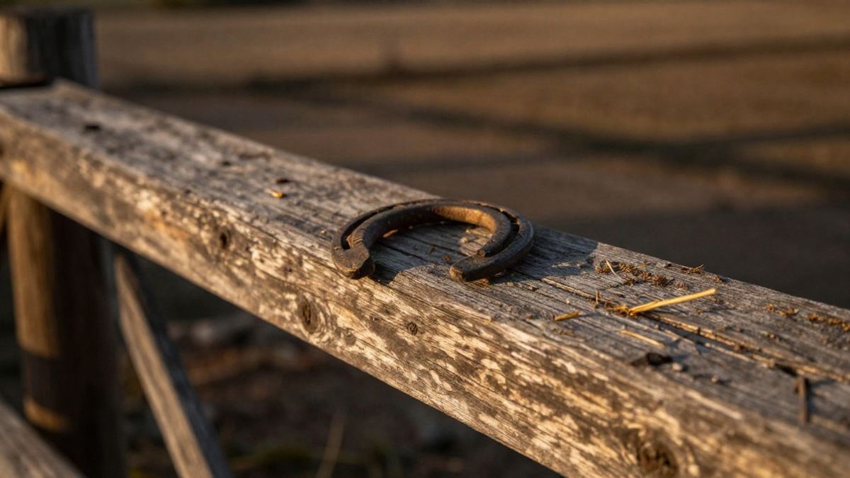 Imagen ilustrativa: detalle de una valla de madera gastada con paja y una herradura al atardecer