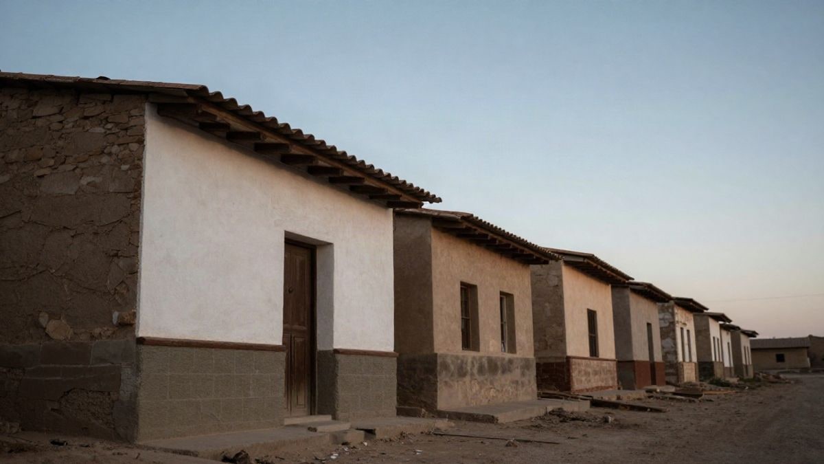 Imagen ilustrativa: módulos de alojamiento rural en hileras bajo un cielo despejado al atardecer