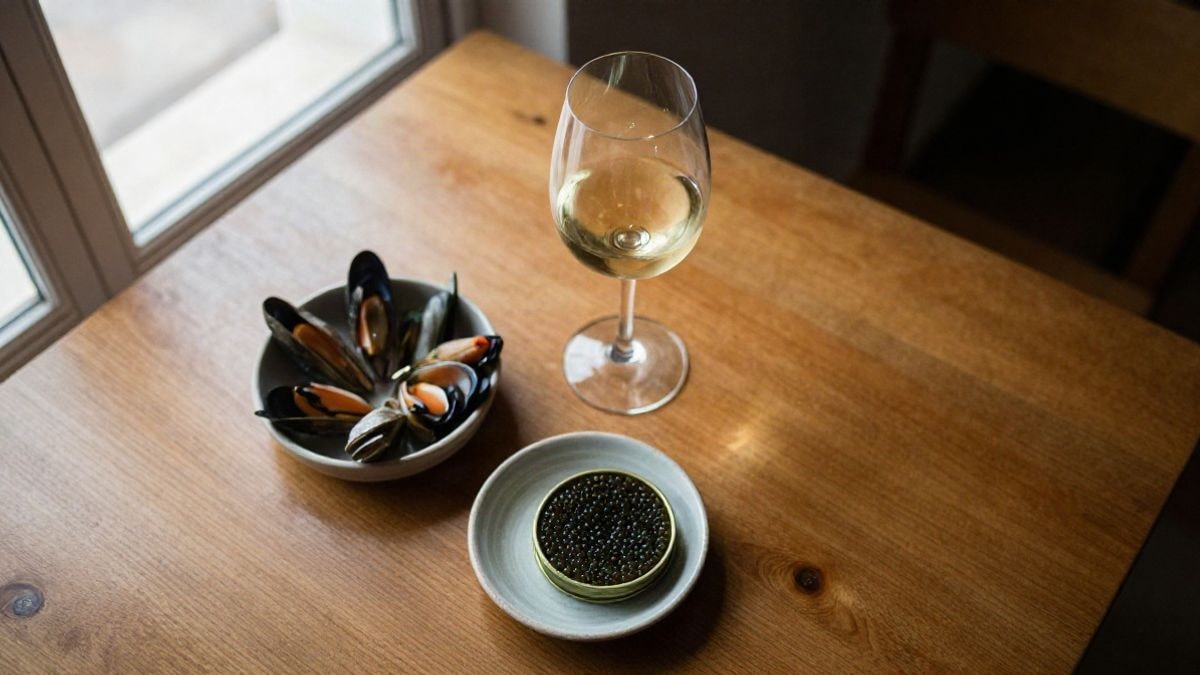 Imagen ilustrativa: mesa de madera vista desde arriba con una copa de vino blanco y platos de marisco junto a una lata de caviar