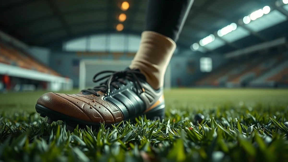 Imagen ilustrativa: una bota de fútbol sobre el césped de un campo de entrenamiento al atardecer.