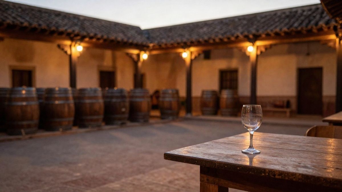 Imagen ilustrativa: un patio de bodega andaluza con toneles de madera y una copa de vino al atardecer