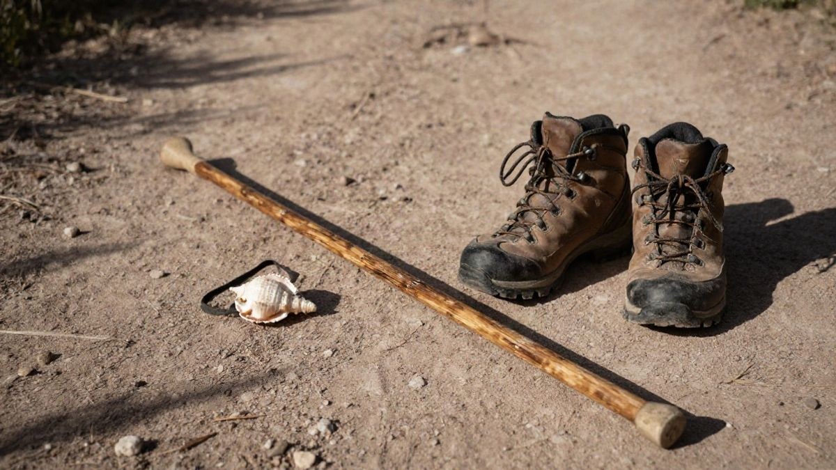 Imagen ilustrativa: vista cenital de un bastón y unas botas de caminante sobre un sendero de tierra al atardecer