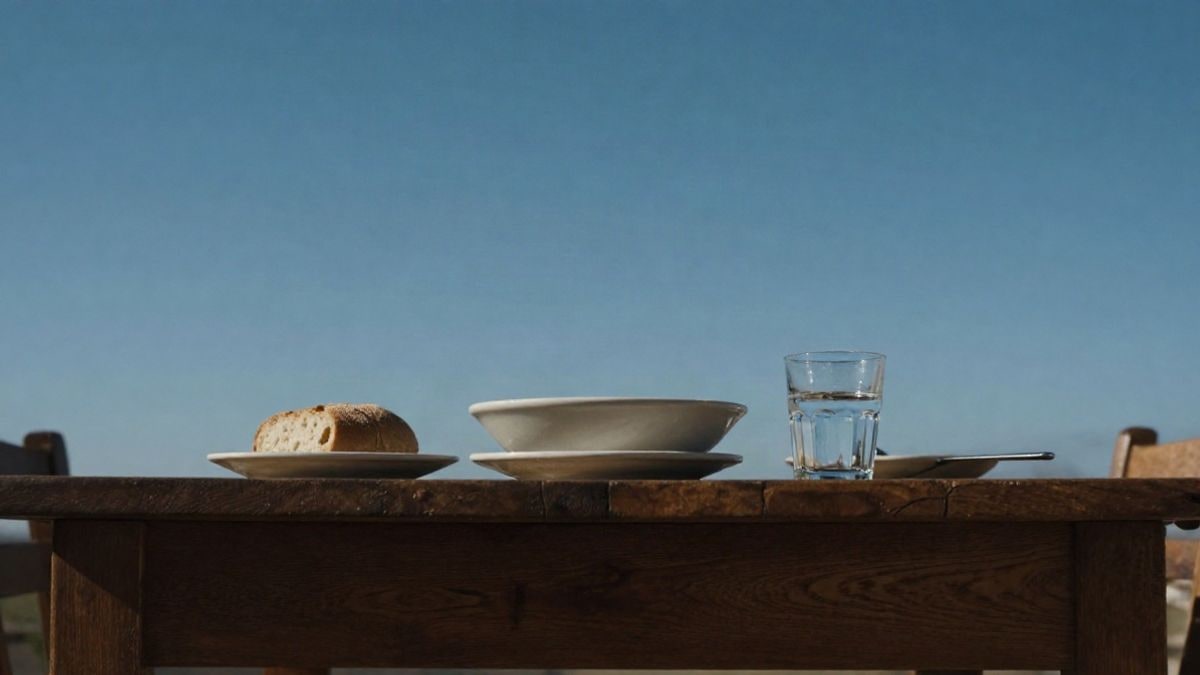 Imagen ilustrativa: mesa de madera sencilla con un plato de comida y pan, con el cielo azul de fondo al atardecer